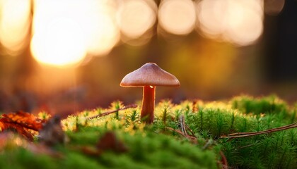 Close Up Of A Small Mushroom On Mossy Ground In An Autumn Forest At Sunset