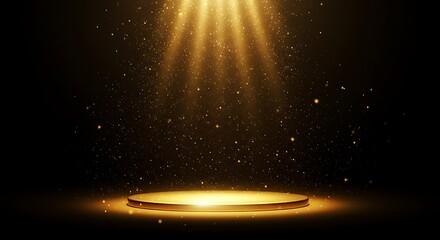 Golden spotlight illuminates a stage with shimmering floating particles creating a magical and festive ambiance