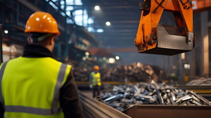 Industrial worker overseeing material handling with overhead crane in a factory setting. Safety first in manufacturing process.