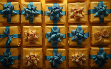 Christmas background, 3D rendering, craft packaging blue ribbon and glitter texture, pastel color, monochrome style, gift boxes