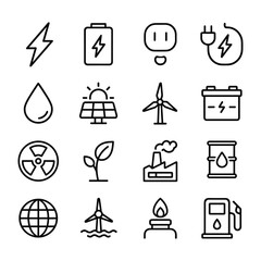 Energy power generation icon collection. Outline symbols. Line design