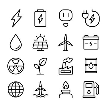 Energy power generation icon collection. Outline symbols. Line design