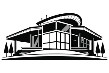 Black and White Illustration of a Modern House with Unique Curved Roof Design