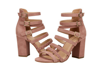 Elegant pink suede heeled sandals isolated on transparent background, stylish women s footwear for fashion and special occasions