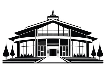 Black and White Illustration Modern Building with People Silhouette and Trees Decoration