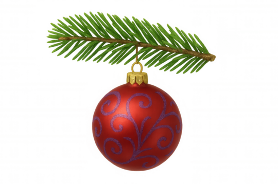 Red christmas ornament hanging on a spruce branch, festive holiday decoration with glittery pattern, transparent background