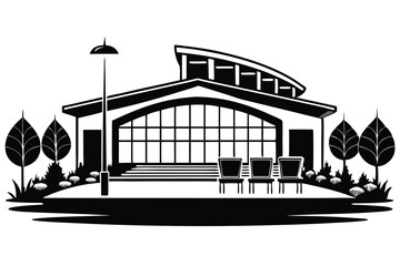 Black and White Building with Large Window and Chairs Landscape Illustration Vector