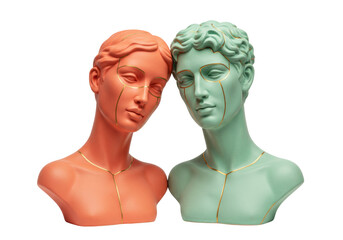 Two colorful busts with golden lines isolated on transparent background, artistic statues in coral and green for modern art and design