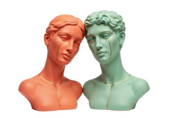 Two colorful busts with golden lines isolated on transparent background, artistic statues in coral and green for modern art and design