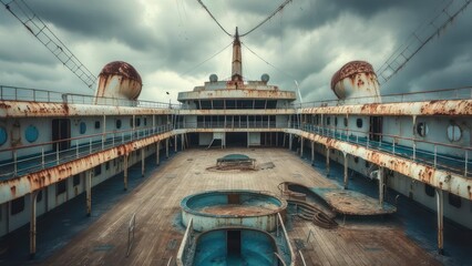 Naklejka premium Abandoned cruise ship deck with rust and decay under a cloudy sky.