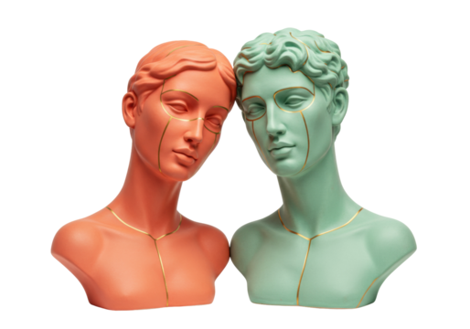 Two colorful busts with golden lines isolated on transparent background, artistic statues in coral and green for modern art and design