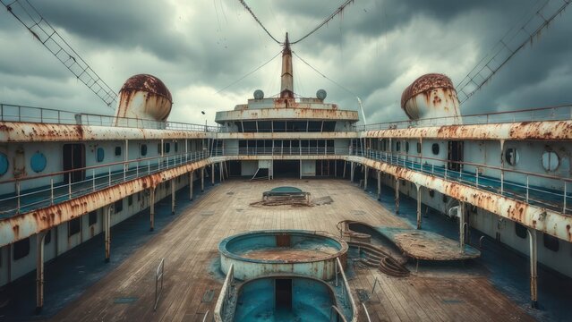 Abandoned cruise ship deck with rust and decay under a cloudy sky.