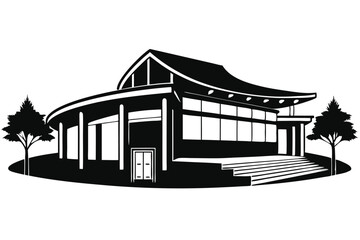Modern Asian Style Building with Overhanging Roof, Exterior Columns, and Lush Trees Silhouetted