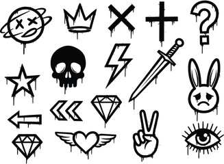 Naklejka premium Hand drawn drip graffiti style icons set for urban art and design silhouette