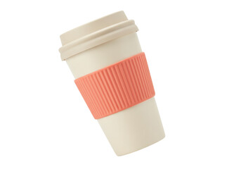 Reusable coffee cup with coral grip isolated, eco-friendly travel mug for hot drinks on a no background PNG