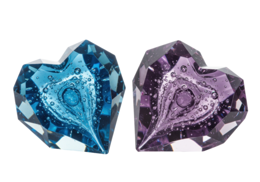 Two faceted glass hearts isolated on transparent background, blue and purple crystal heart paperweights for love and romance - Powered by Adobe