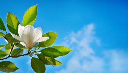 Magnolia Tree Branch With Green Leaves And A Single White Fragrant Flower Blue Spring Sky