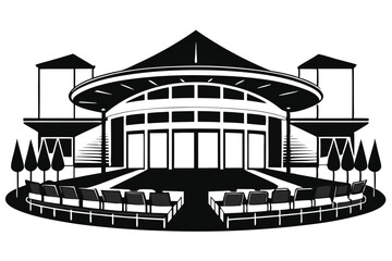 Black and White Illustration of a Modern Architectural Theater with Outdoor Seating
