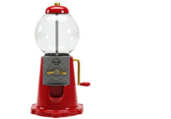 Red vintage gumball machine isolated on transparent background, classic candy dispenser PNG for retro design and childhood nostalgia