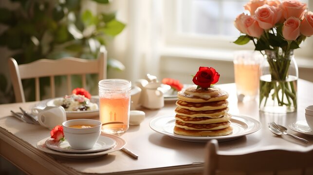 Fine dining table setting, fresh roses, formal brunch