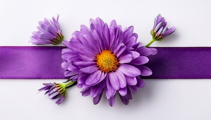 Purple Flowers With Purple Ribbon Over The White Background