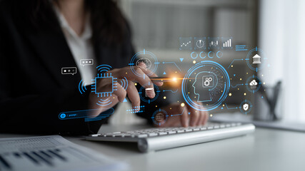 An advanced AI system for business and financial analysis. A futuristic interface for commanding an AI to process data from various domains. Motif