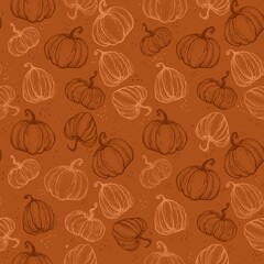 Vibrant seamless pattern featuring colourful hand-drawn outlined pumpkins on a orange background, ideal for autumn or Halloween textiles