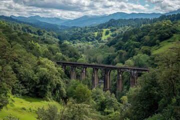 Old railway bridge crossing lush green forest valley with mountains in background