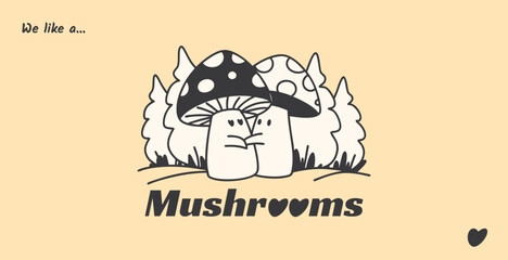 Cute Cartoon Illustration of Mushrooms with Minimalist Design and Heart Emoji