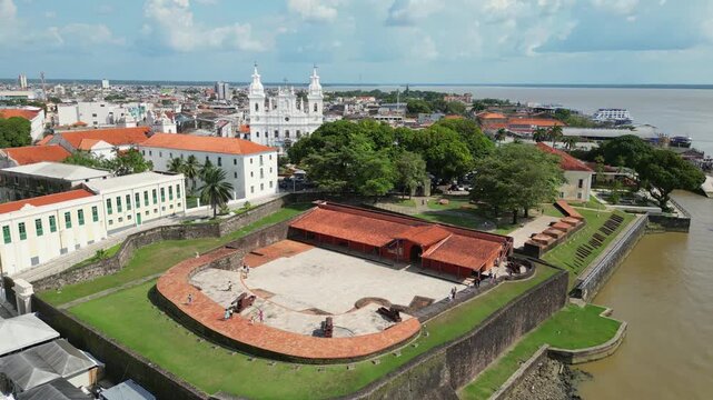 Belem, Para, Brazil - Drone footage over the "Feliz Lusitania" tourist complex, with the "Forte do Presepio", Santo Alexandre Church and Metropolitan Cathedral