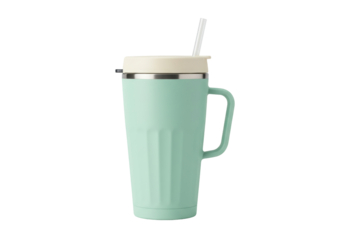 Mint green insulated travel mug with handle and straw isolated, reusable drink container for hot and cold beverages