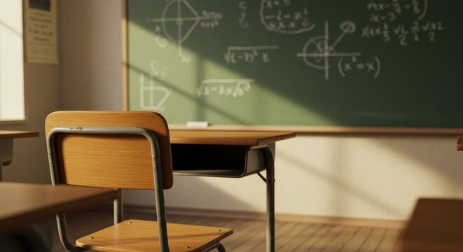 Empty Classroom - Sunlight on Chalkboard with Math Equations and Wooden Desk.