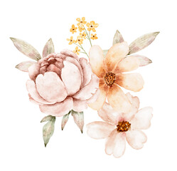 Elegant watercolor illustration of blooming peony and magnolia flowers with leaves. Soft pastel tones create a loose style, ideal for wedding invitations, fabrics, cards, and decorative projects.