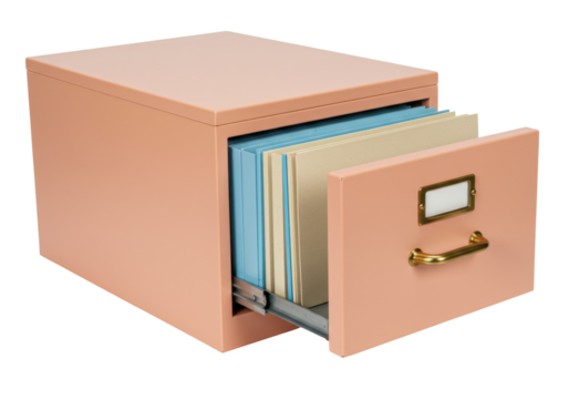Salmon pink filing cabinet with open drawer and hanging files isolated, office furniture for organization and storage