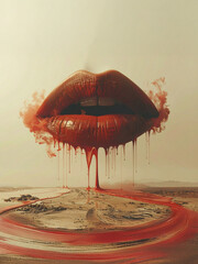Surreal mouth dripping red liquid over a minimalist desert landscape. AI-generated digital art representing sensory immersion and global consumption. Metaphor for vulnerability.
