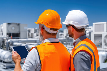Engineers inspecting hvac system on rooftop with tablet