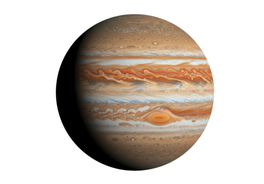 Jupiter planet isolated PNG, gas giant with colorful bands and Great Red Spot on transparent background, space exploration and astronomy