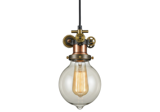 Steampunk style light bulb isolated on transparent background, vintage Edison lamp with gears and copper accents for industrial design