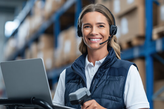 Woman warehouse worker tracking inventory with headset