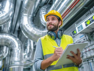 Engineer inspecting industrial plant facilities and logging data
