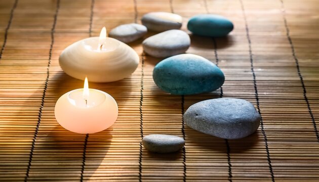 Pale Column Lights And Forest Colored Stones On Bamboo Surface