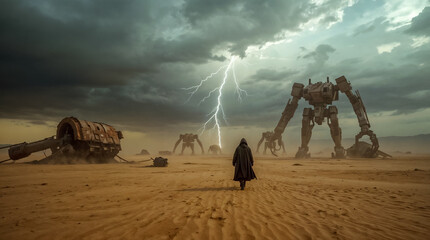 ​Lightning strikes over a solitary figure approaching massive, rusty mechs and wreckage in a post-apocalyptic desert