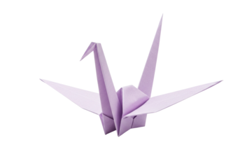 Lilac origami crane isolated on transparent background, paper bird for peace and handmade art projects PNG