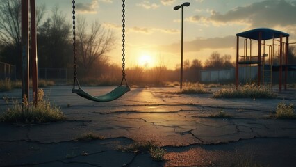 Empty Playground at Sunset with Solitary Swing and Warm Light.