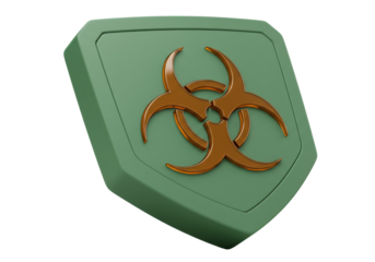 Green shield with biohazard symbol isolated, 3D rendering of a protection sign against biological threats in PNG format
