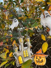 Halloween photography. Cute autumn Halloween photo. Carved pumpkins, ghost, castle, moon, bat. Happy Halloween! Fall, autumn, October. For invitations, postcards, stickers, blogs.