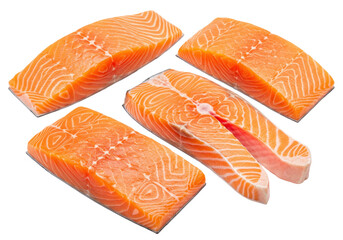 Fresh salmon fillets isolated on transparent background, raw fish steaks rich in omega-3 fatty acids for healthy eating and gourmet cuisine