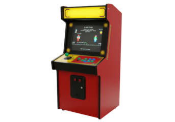 Retro arcade game machine isolated on a clean backdrop, classic gaming console with joystick and buttons for entertainment and nostalgia