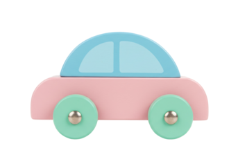 Pastel wooden toy car isolated, cute baby vehicle for kids room decor and early learning on transparent background