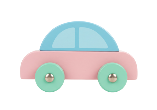 Pastel wooden toy car isolated, cute baby vehicle for kids room decor and early learning on transparent background - Powered by Adobe